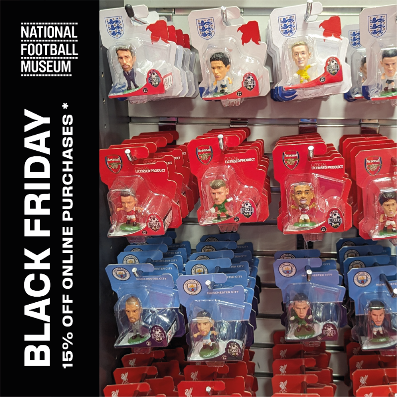 FootballMuseum's tweet photo. BLACK FRIDAY ⚫

Today, you can get 15% off online purchases * from @NFM_Shop, from books and balls to toys and trophies. 

Check out our full retail line-up below.

(* excl signed merch, discounted items and admission vouchers)