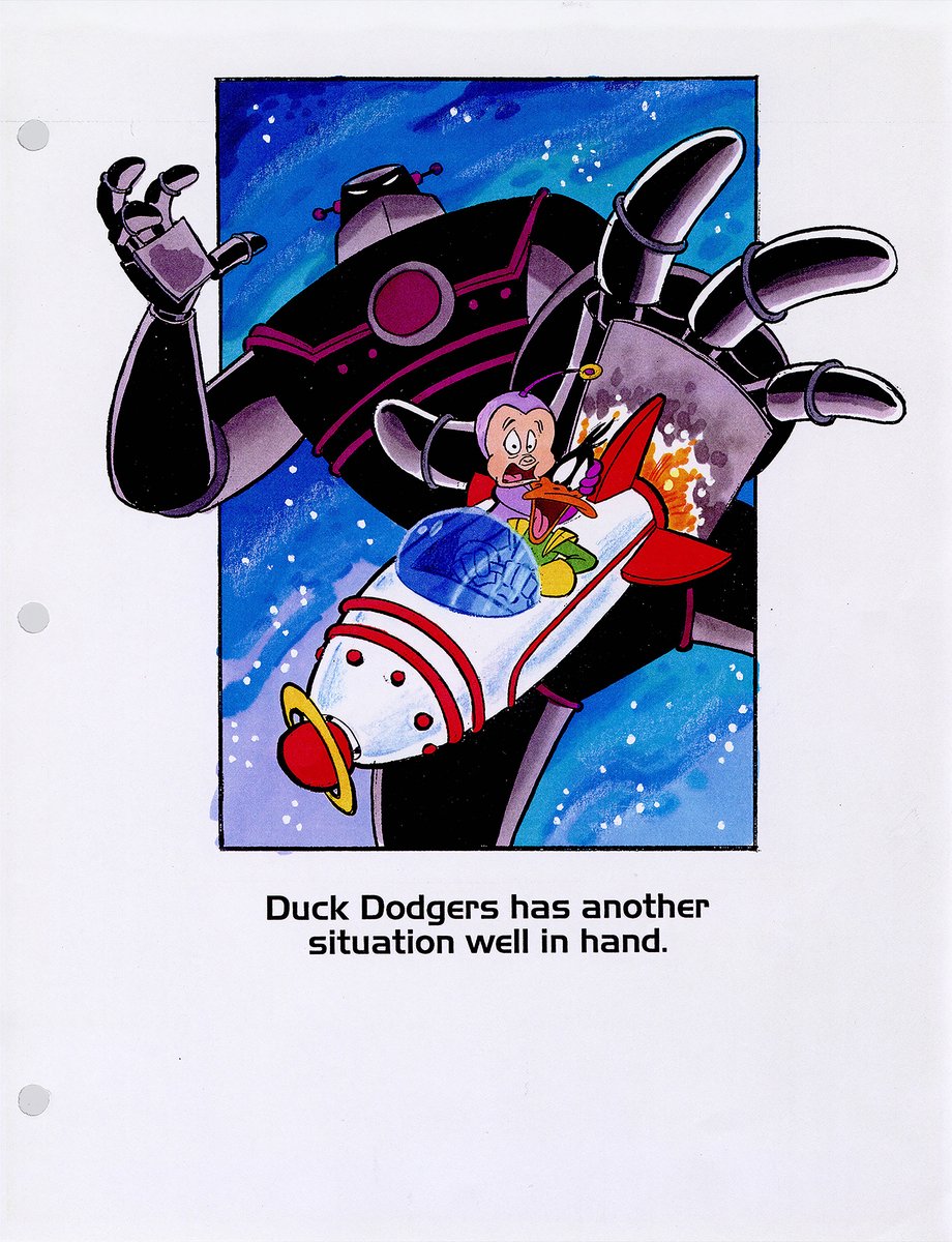skullislandprod's tweet image. This Tony Cervone drawing illustrates the crew’s calm in a dangerous situation. From second “Duck Dodgers” television pitch deck Oct. 1998. #DaffyDuck #PorkyPig #EvilRobot