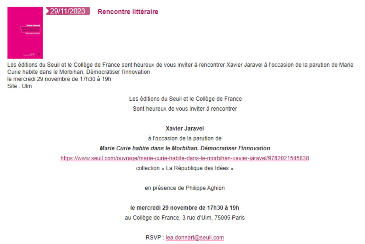 XJaravel's tweet image. Je présenterai mon essai "Marie Curie habite dans le Morbihan" @EditionsduSeuil mercredi prochain au Collège de France @cdf1530 @cdf_InnovLab à 17H30. J'espère vous y voir nombreux pour avoir un débat sur l'innovation, les inégalités, et l'éducation 👇👇 👇👇👇👇👇👇👇👇👇👇👇