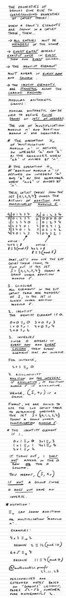 tiago_hands's tweet image. The properties of groups give rise to corresponding properties of #CayleyTables. *Extended Notes and Workings #furtherpuremaths #modulararithmetic #modularcongruence