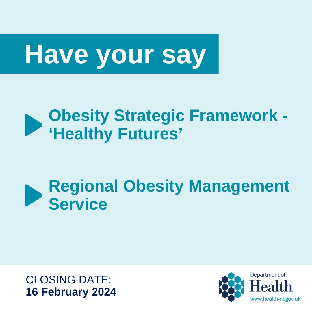 Have your say on the consultations we have launched today: ✔️Obesity Strategic Framework ✔️Regional Obesity Management Service ➡️More information: health-ni.gov.uk/news/new-obesi… 🗓️Closing date: 5pm Friday 16 February 2024