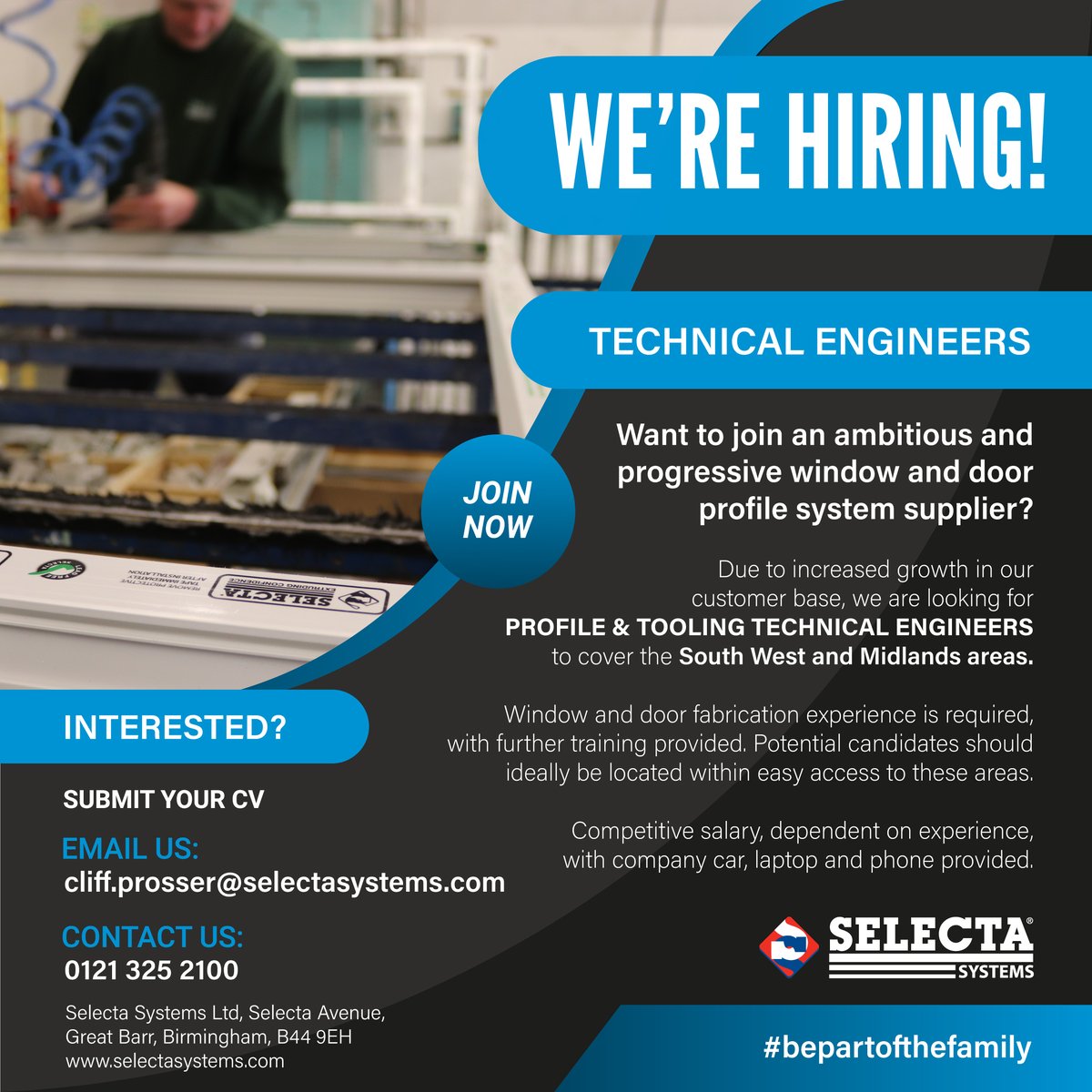 SelectaSystems's tweet photo. WE'RE HIRING!
Due to increased growth in our customer base, we are looking for PROFILE &amp; TOOLING TECHNICAL ENGINEERS to cover the SOUTH WEST and MIDLANDS areas.

See ad below for further details.

INTERESTED?
Submit your CV to cliff.prosser@selectasystems.com
#bepartofthefamily https://t.co/SIRH8rI7Bi