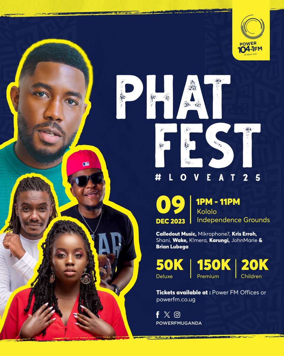 VineEntGroup's tweet photo. The renowned big christian party is here!
featuring the sensational @calledoutmusic @Mikrophone7 @KRISERROH and our very own Ugandan cream de la cream 

Its #Phatfest23 happening on the 9th December
Kololo Independence Grounds 
get your ticket today!

cc:@powerfmuganda https://t.co/ZWr645p87A