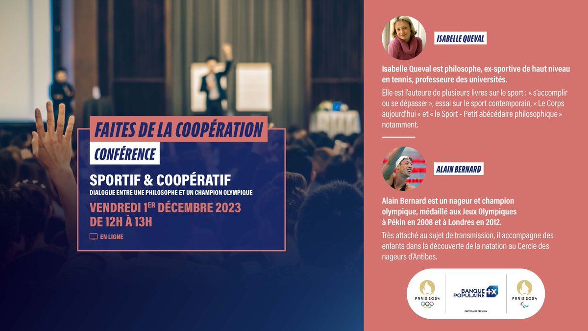 📺 Sportif &amp; coopératif : 

Inscrivez-vous pour la conférence en ligne entre la philosophe Isabelle Queval, ex-tenniswoman 🎾 de haut niveau et le nageur 🏊‍♂️ et champion olympique <a href="/alainbernard/">Alain BERNARD - OLY</a> 

▶️ urlz.fr/oCBC