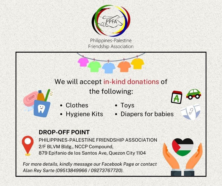 ILPS_Official's tweet photo. CALL FOR DONATIONS

📍Philippines

The Philippines-Palestine Friendship Association is accepting donations (financial/ in-kind) for our FILIPINO and PALESTINIAN refugees from Gaza. 

Please see attached images for more details or contact Alan Rey Sarte (0951 3849966/0927 3767720) https://t.co/yMgB4A6xOo