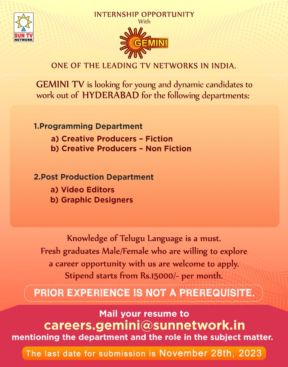 Internship opportunity with Gemini TV! Mail your resume to careers.gemini@sunnetwork.in