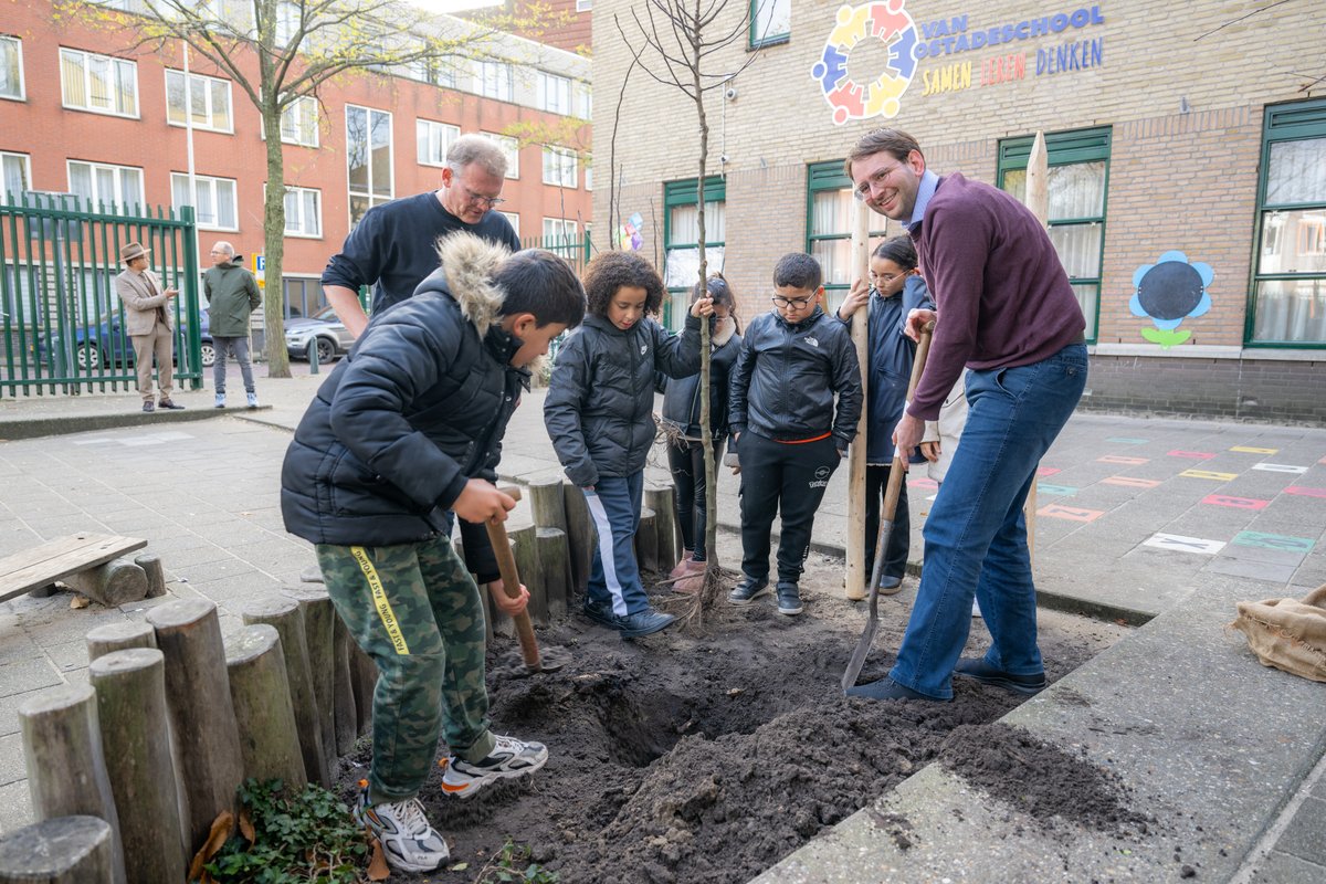 Wij zijn nog aan het nagenieten! Gisteren gingen de eerste 5 #bomen op de Van Ostadeschool in de Schilderswijk de grond in. 💚

Houda (9) van de leerlingenraad: "We zijn blij dat er meer bomen komen, want het is goed voor de natuur en de zuurstof. Bomen halen CO2 uit de lucht."
