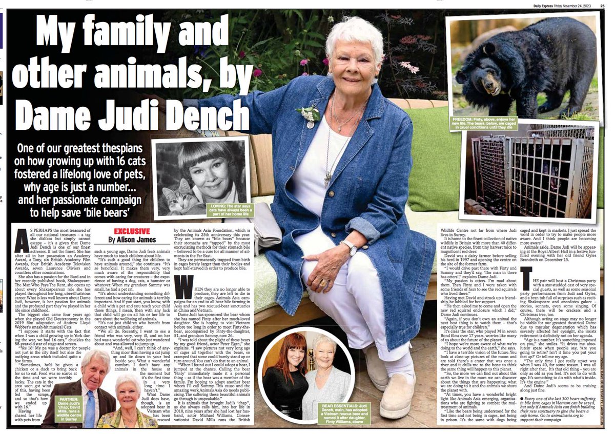 AnimalsAsia's tweet photo. ❣ Exclusive ❣ @Daily_Express covers interview with Dame Judi Dench who urges public to support #AnimalsAsia's campaign to #endbearbilefarming 
🐻
https://t.co/7a7nOJUoia
🐾
@MattNixson #UKNews #News #Celebrity #JudiDench #Interview #Today #TodayNewsUpdates #NoBearLeftBehind https://t.co/gq5LACwUjs