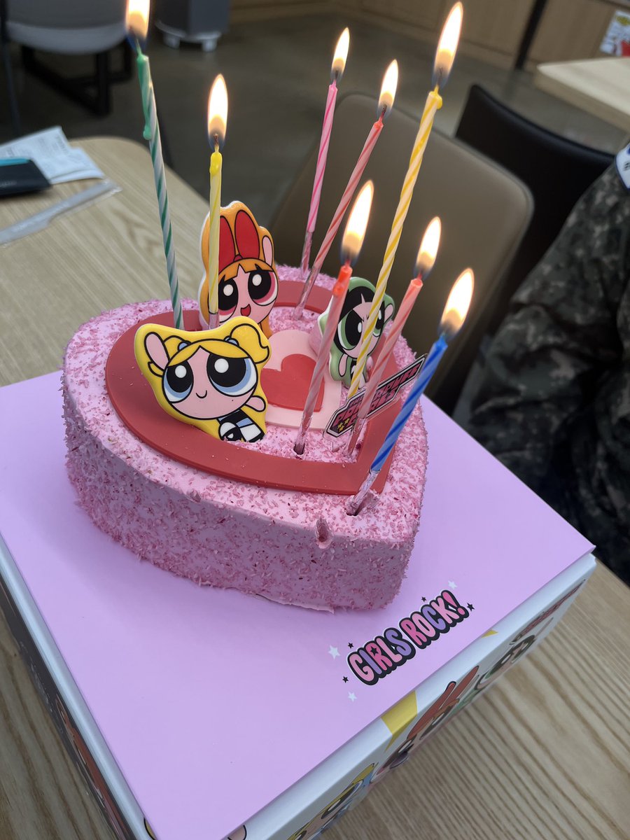 harinyaoi's tweet photo. only kang hyungu would spend his birthday in the military getting a powerpuff girls cake that says "girls rock" https://t.co/zmUskrlZGm