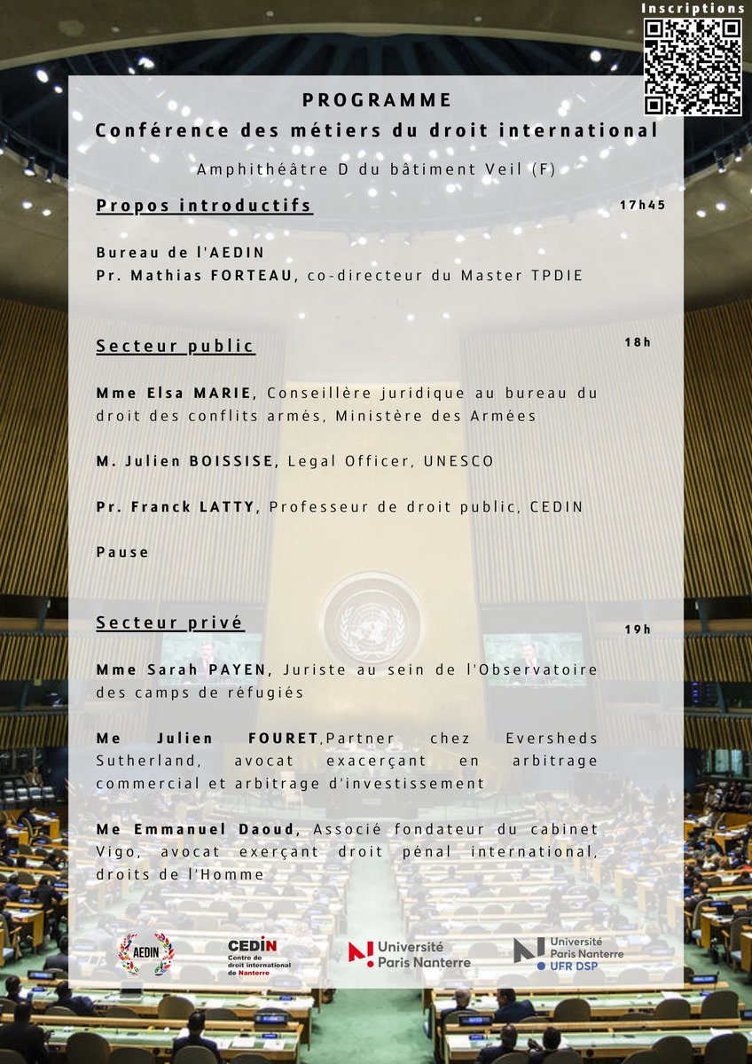 📌 Vous l'attendiez tous, il est là ! 
📃L'AEDIN est ravie de vous présenter le programme détaillé de la Conférence des métiers de sa Demi-journée du droit international.

Rendez vous le 5 décembre !
Lien d'inscription: docs.google.com/forms/d/1j9R7I…