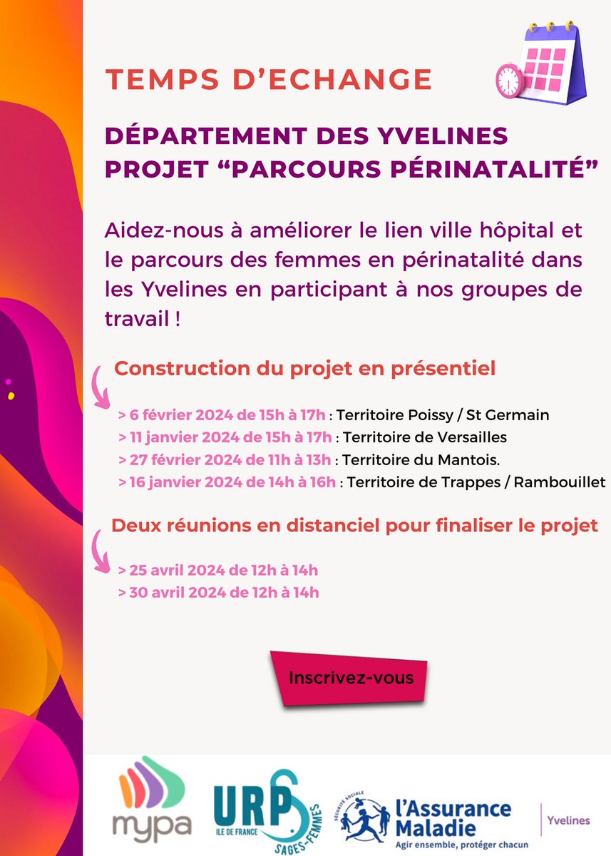 URPS_SF_IDF's tweet photo. Dans la continuité du webinaire du 17 octobre 2023, @UrpsSagesFemmes, le Réseau MYPA et la CPAM des Yvelines vous invitent à participer à des groupes de travail pour élaborer le parcours périnatalité 78 !
👉  INSCRIVEZ-VOUS ICI : https://t.co/Ak7xo8Xpv1 https://t.co/Iyo0uDWbr8