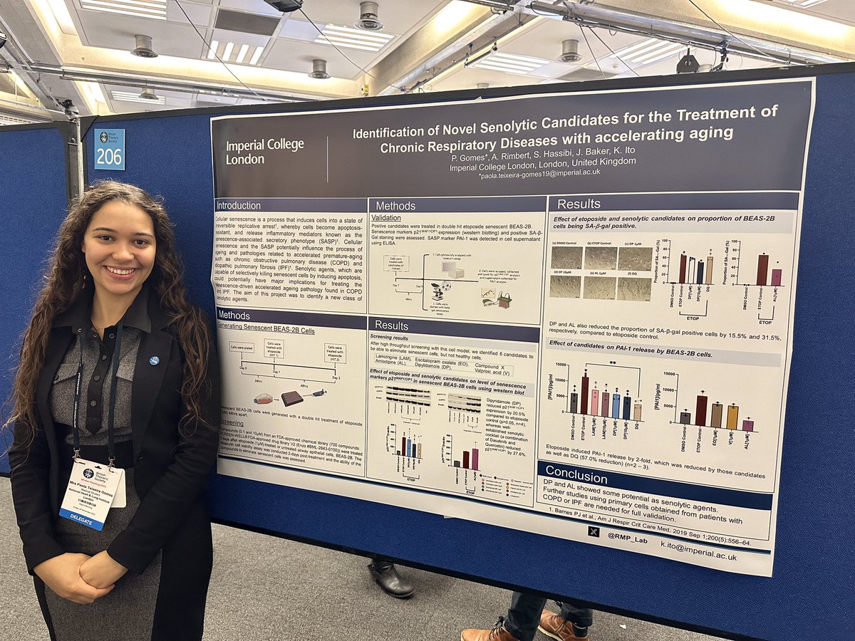 Come see our medical student Paola presenting a study on novel senolytic compounds at 15:15pm St James 4th floor #BTSWinter2023 <a href="/ImperialNHLI/">NHLI</a> <a href="/ImperialMed/">Imperial Medicine</a> #RespisBest #COPD #senolytic