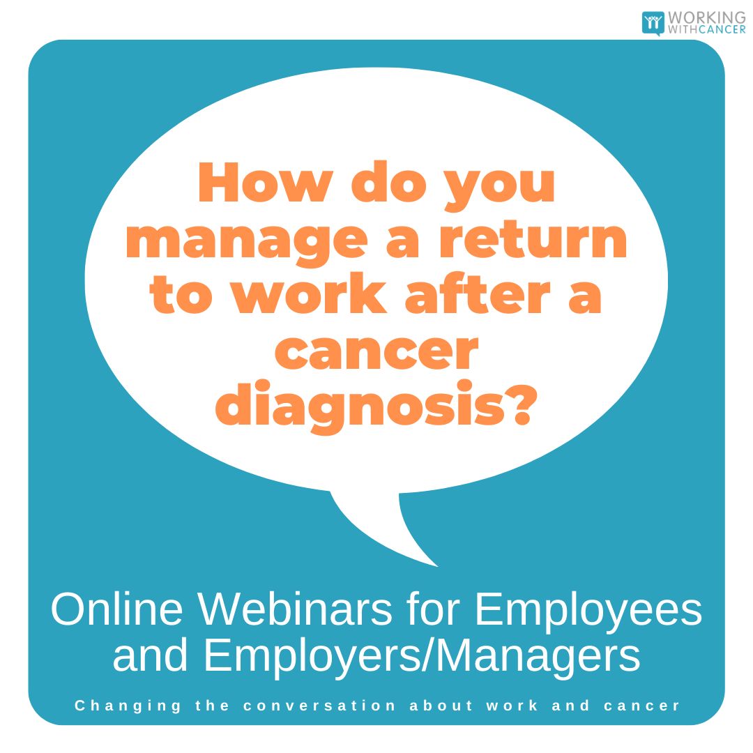 Are you wondering how to manage a return to work after a cancer diagnosis? We offer guidance and support for employees and employers covering every possible aspect in our regular webinars. Follow the link below for more details. workingwithcancer.co.uk/resources/even… #workingwithcancer