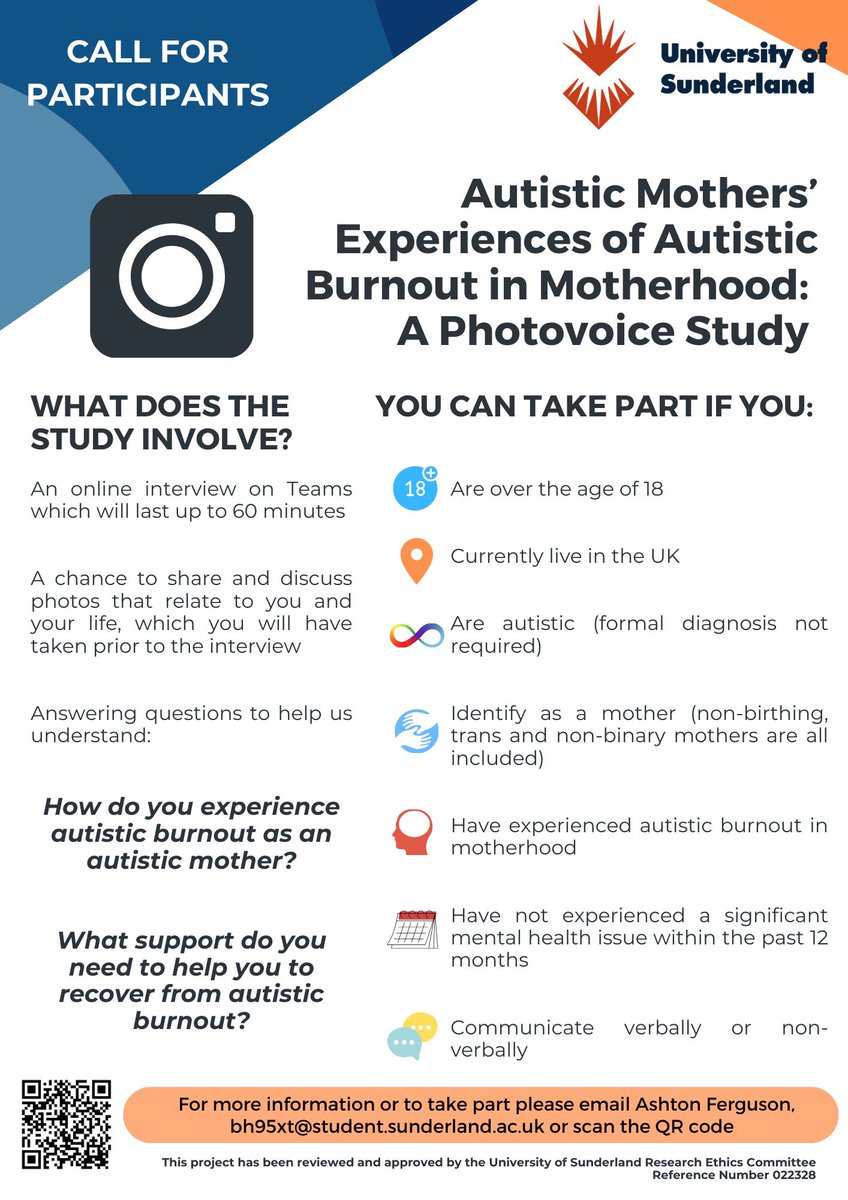 I am looking to interview autistic mothers with experience of autistic burnout in motherhood. Self diagnosed autistic and/or non-birthing, trans and non-binary mothers are all welcome to take part. Link for information and to sign up is here: sunduni.eu.qualtrics.com/jfe/form/SV_ee… 
Thank you!