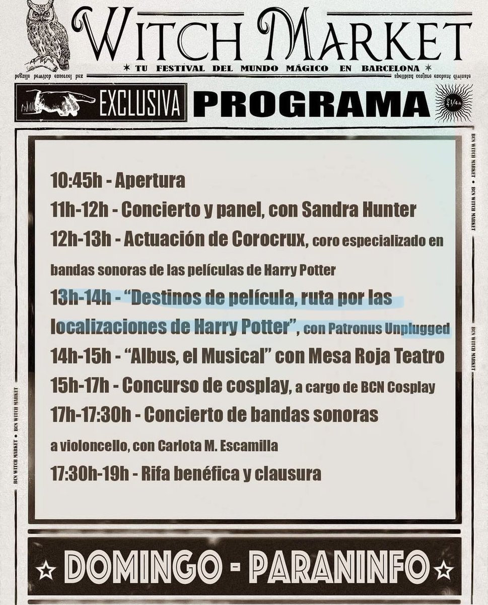 Este año volvemos a <a href="/bcnwitchmarket/">Witch Market</a> Barcelona el 2 y 3 de diciembre con dos actividades:   

✨SÁBADO 2: podcast en directo + encuentro con oyentes a las 18h en el aula magna.

✨DOMINGO 3: charla sobre  localizaciones de Harry Potter a las 13h en la sala Paraninfo.