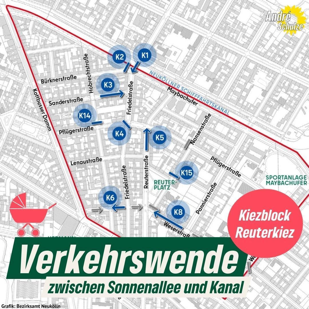 Der Kiezblock kommt! Lange hat sich die Kiezblockinitiative <a href="/reuterkiezblock/">Reuterkiez für alle! reuterkiezblock.bsky.social</a> für eine Verkehrsberuhigung eingesetzt, noch in diesem Jahr soll es losgehen. Künftig soll der Durchgangsverkehr nicht mehr durch den Reuterkiez geleitet werden.
Die Maßnahmen: buff.ly/3um4nNV