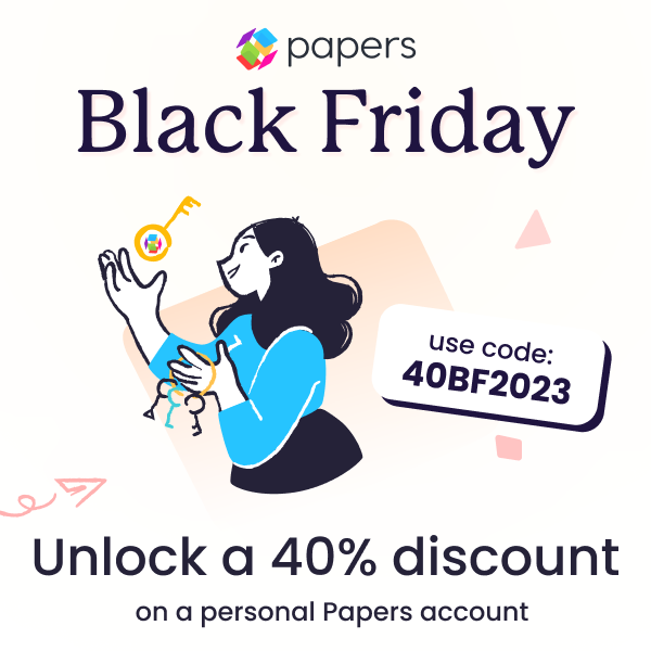 papersai_'s tweet photo. 🔑 Unlock your research game this Black Friday with 40% off a personal Papers account with code 40BF2023 for a new academic or corporate subscription. #BlackFriday https://t.co/Rh4dmH0wnT