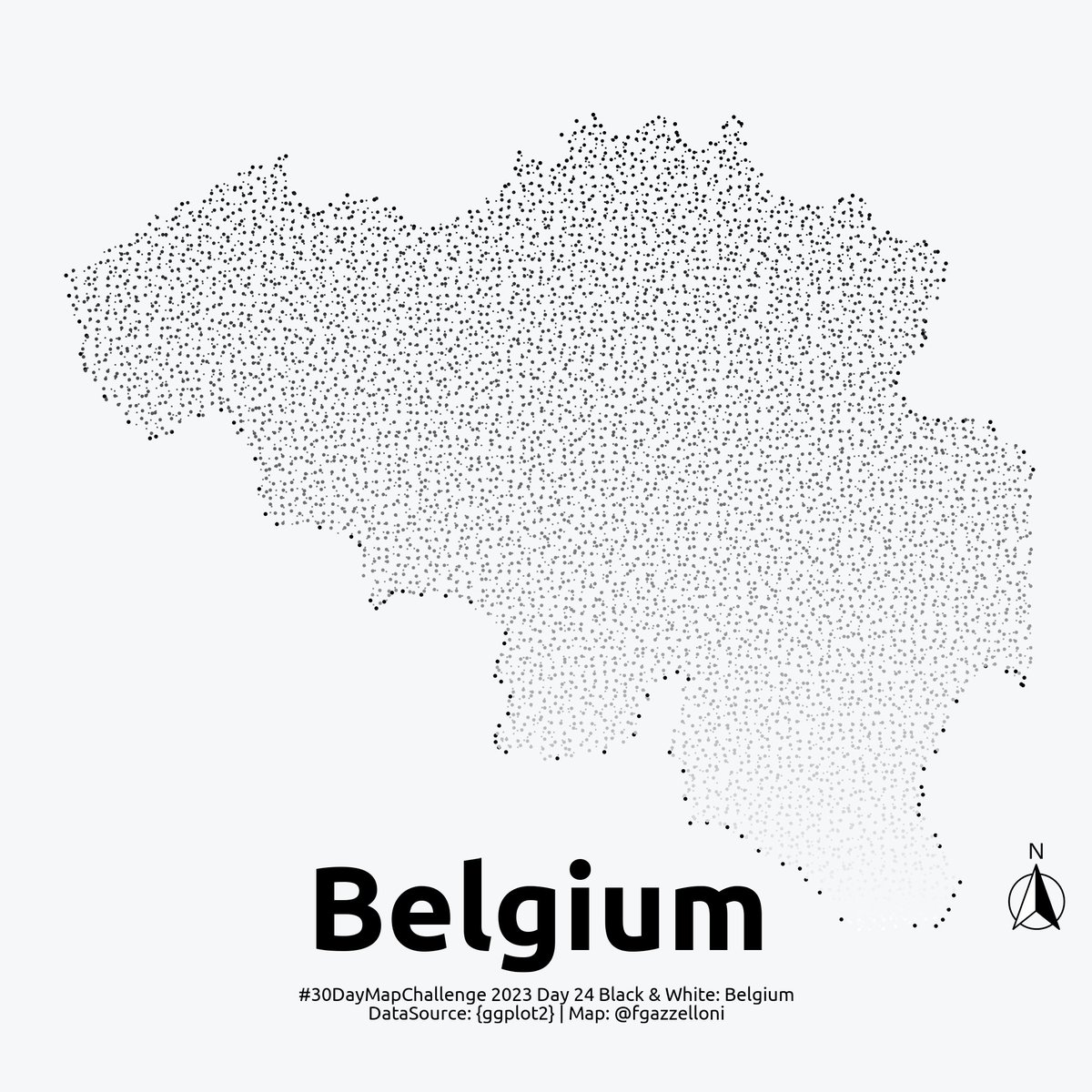 FGazzelloni's tweet photo. #30DayMapChallenge 2023 #day24 Black & White: Belgium Jittered 🙃
Tool: #R
Bit inspired by some interesting syntax used by @ryanahart
#rspatials #rstats #spatials #datascience https://t.co/Zk2oZhrcsj