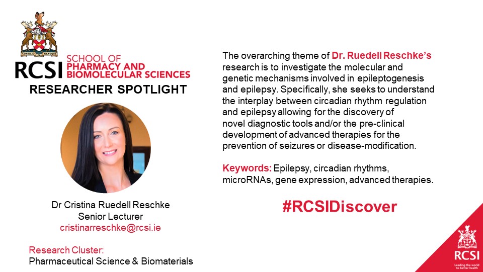 A Pharmacist specialising in Pharmacology falls under our Researcher Spotlight this week - <a href="/cristinareschke/">Cristina R. Reschke</a> is a Funded Investigator in the SFI <a href="/Futureneuro_ie/">FutureNeuro Centre</a> Centre &amp; is a specialist in researching the molecular + genetic mechanisms of #epilepsy.  

rcsi.com/people/profile…