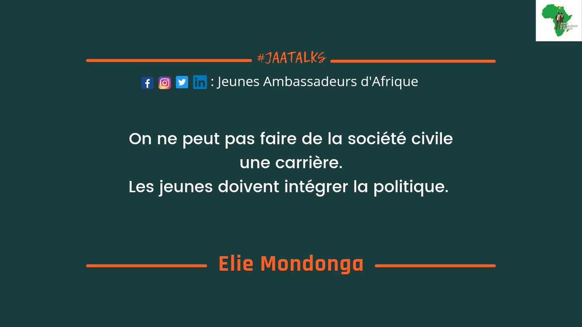 JeunesAmbassAfr's tweet photo. #BackToTheSpace
Pour vous, quelques pensées de nos intervenants et auditeurs tirés de notre #JAATALK sur l'engagement citoyen et la responsabilité sociale. 
Si vous l'avez manqué, Nous vous invitons à réécouter l'enregistrement qui es dans notre tweet épinglé. 
@Tresor_Buti https://t.co/82qYKfqCwe