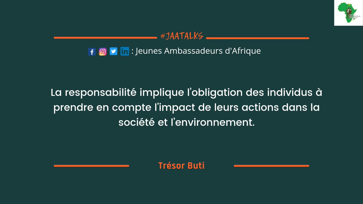 JeunesAmbassAfr's tweet photo. #BackToTheSpace
Pour vous, quelques pensées de nos intervenants et auditeurs tirés de notre #JAATALK sur l'engagement citoyen et la responsabilité sociale. 
Si vous l'avez manqué, Nous vous invitons à réécouter l'enregistrement qui es dans notre tweet épinglé. 
@Tresor_Buti https://t.co/82qYKfqCwe