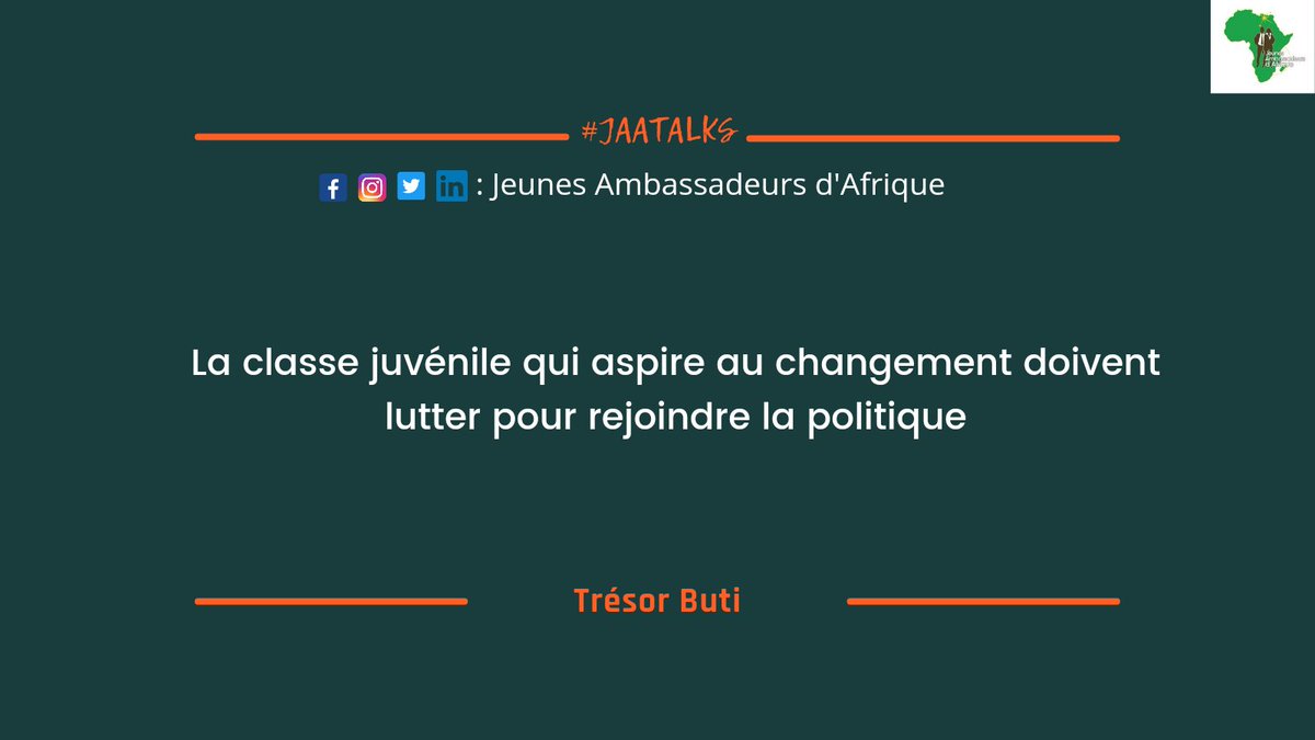 JeunesAmbassAfr's tweet photo. #BackToTheSpace
Pour vous, quelques pensées de nos intervenants et auditeurs tirés de notre #JAATALK sur l'engagement citoyen et la responsabilité sociale. 
Si vous l'avez manqué, Nous vous invitons à réécouter l'enregistrement qui es dans notre tweet épinglé. 
@Tresor_Buti https://t.co/82qYKfqCwe