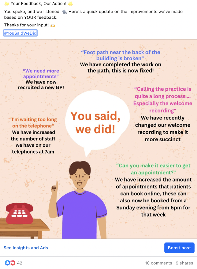 Cameron_Redmoor's tweet photo. Brilliant engagement on this social media post by a practice!

'You Said, We Did' campaigns are a great way to improve relationships and build a good following on social media. 

https://t.co/iNlSCNsNeG

#patientcomms #engagedpatientsonline #socialmedia https://t.co/oMDvOosjr2