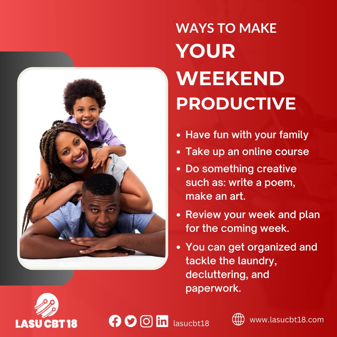 lasutechx's tweet photo. And Yes! It's Weekend!
After a long and engaging week, you definitely need this weekend to have a time for yourself and your family 🤗

Here's how to Make Your Weekend A Productive One;

*Spend time with your family and friends, have fun with them.
*Do something creative and fun https://t.co/tVa0od8raF