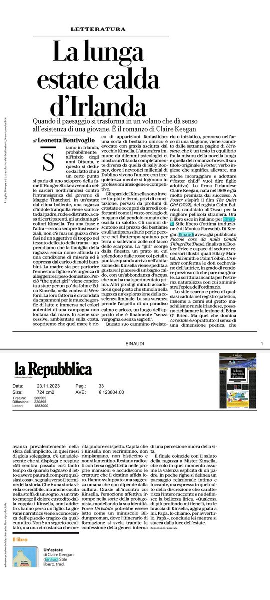Leonetta Bentivoglio su Repubblica recensisce Un'estate di Claire Keegan.