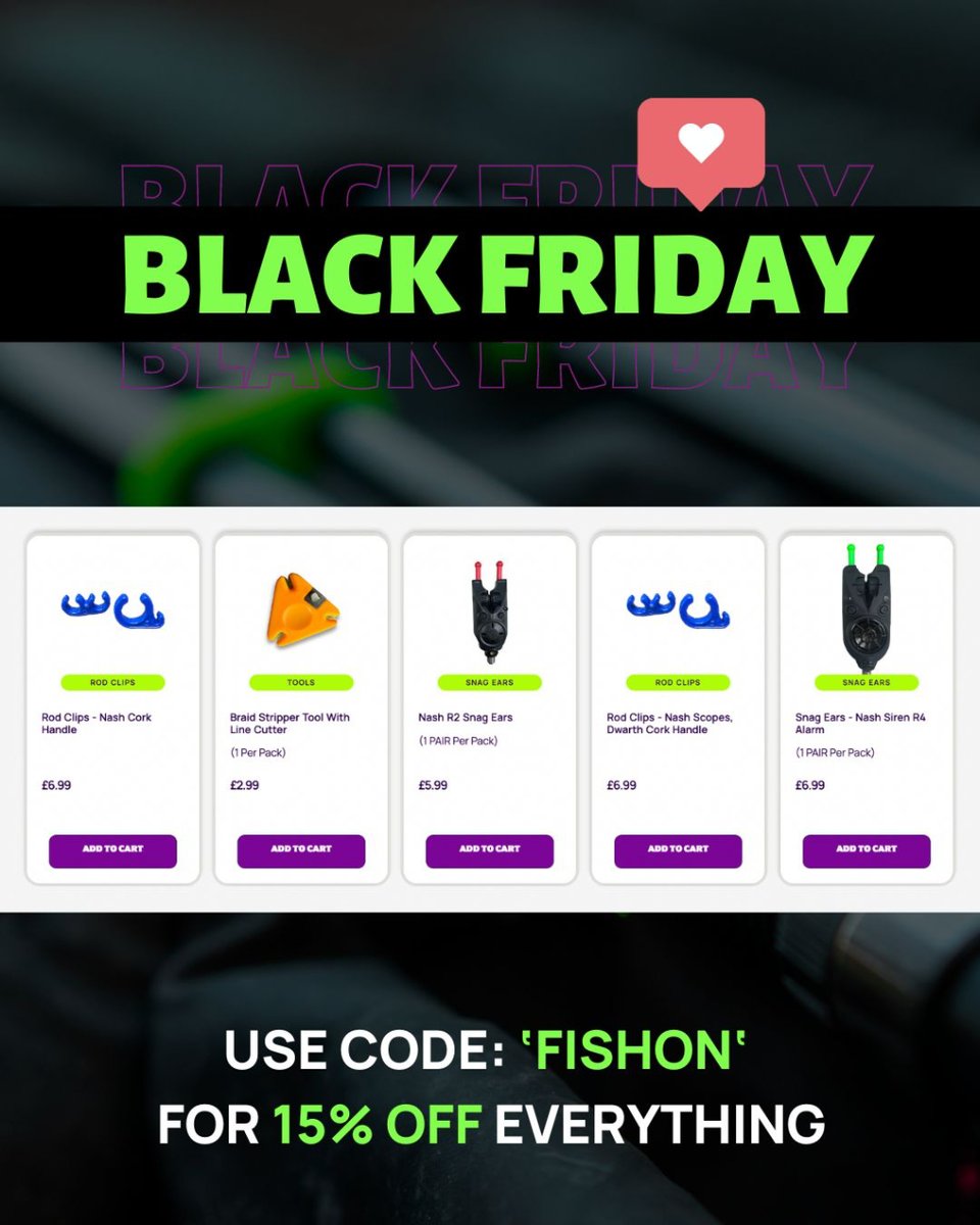 stephen77100930's tweet photo. Black Friday is here, and so is our special deal - it's time to gear up and save big! 🛒

Use code 'fishon' at checkout for an amazing 15% off your entire order 🤩🙌🏼

Offer ends 26/11/23 at midnight. T&amp;C's apply.

#RCCarpTackle #CarpFishing #Carp #BlackFridaySale #FishingDeals https://t.co/SrcfggRpVN