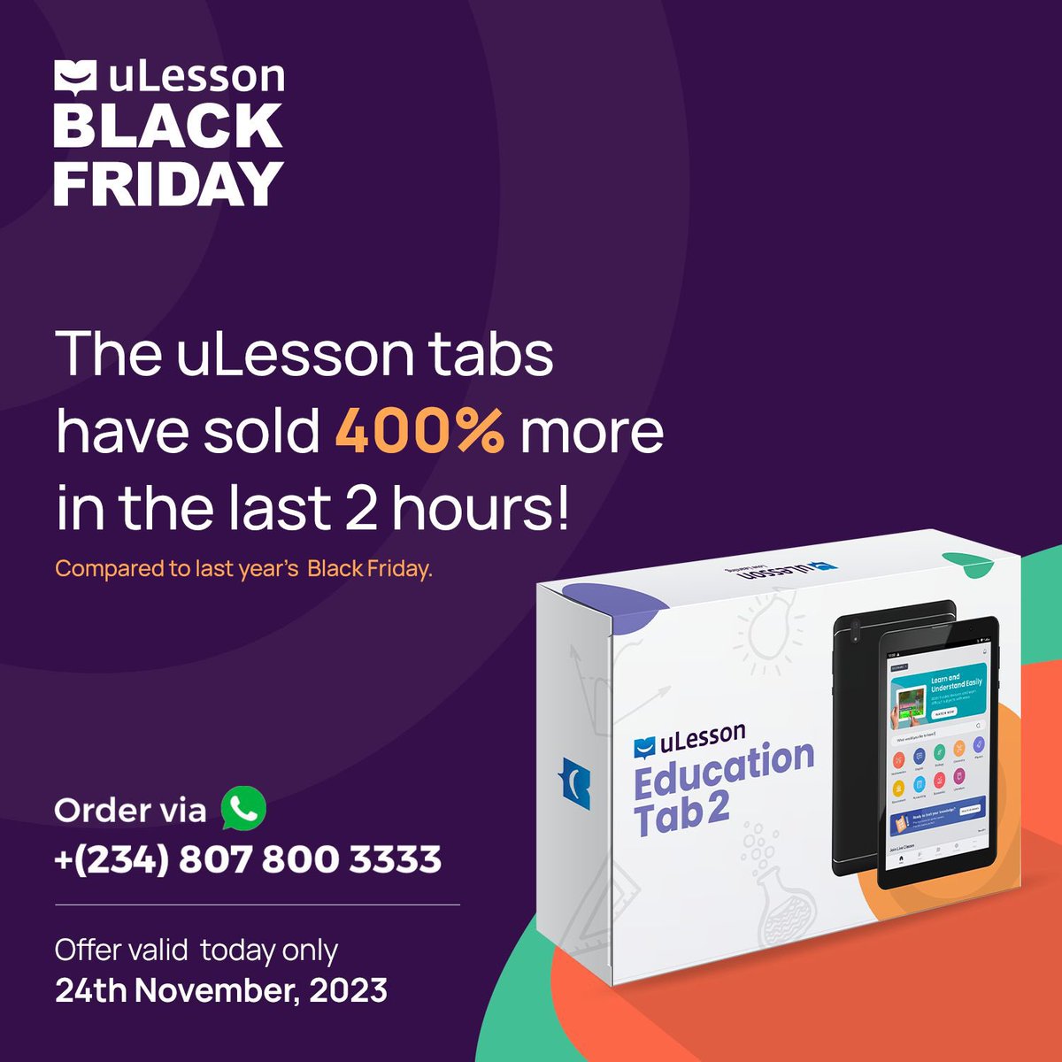 elishaayooluwa's tweet photo. Thrilled to announce record #BlackFriday sales of @ulessonapp tabs, growing over 400% YoY! A testament to our amazing product and loyal customers. Catch this special deal before it sells out.
Order now +(234) 807 800 3333 or via https://t.co/R2mUyOZ5Ox https://t.co/DiZ6kPInFj