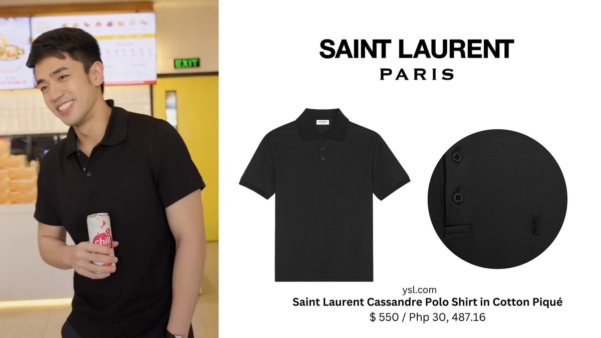 dasl_ootd's tweet photo. UPDATE: Levelling up his polo shirt game — David Licauco appeared anew on his paid partnership ad for Chill Spiked Spirit drink, where he’s spotted wearing a simple black polo shirt from French luxury brand, YSL. 
#DavidLicauco https://t.co/WtWAy2OgdU