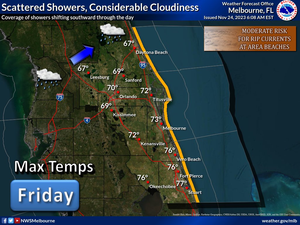 Fri Nov 24 | Cloud cover will steadily build today as a line of scattered showers across the north shifts southward into the afternoon. High temperatures will range the mid to upper 60s along and north of the I-4 corridor, increasing into the upper 70s across Martin county.