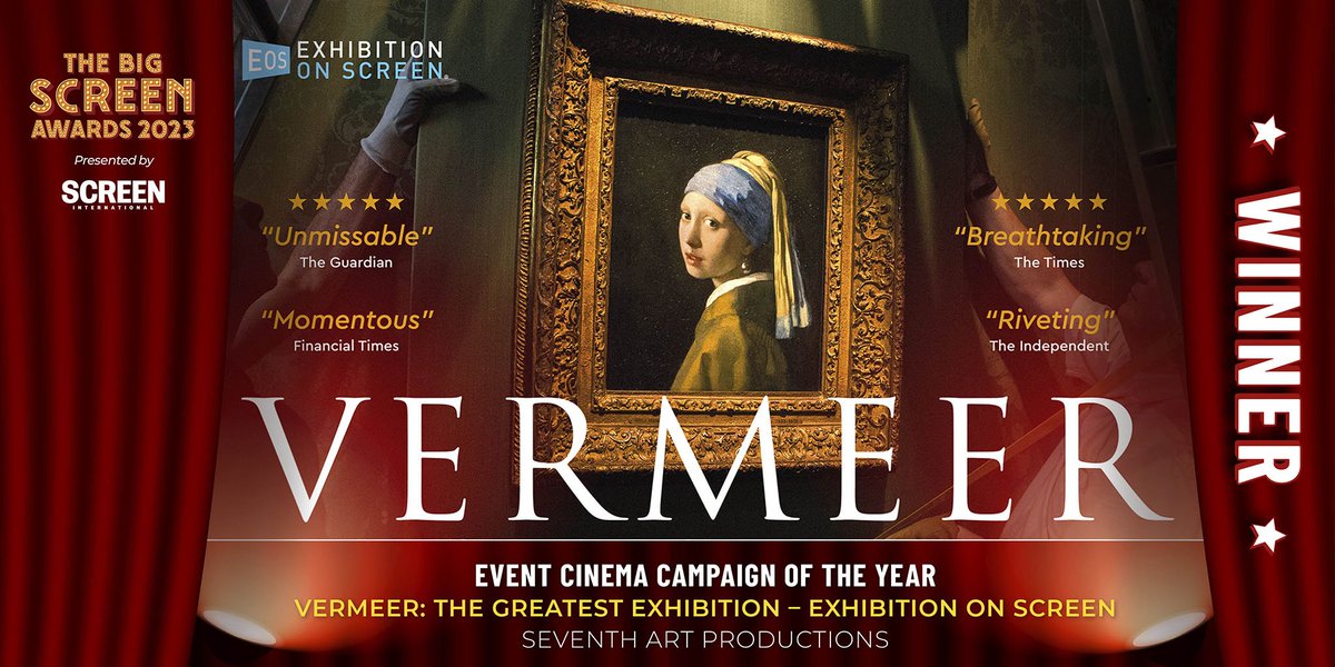 Screendaily's tweet photo. @LionsgateUK @WarnerBrosUK @mubiuk The Big Screen Award for Event Cinema Campaign of the Year goes to... 
 
Vermeer: The Greatest Exhibition 🎉 @artonscreen

#BigScreen23 https://t.co/70JEGJtwML https://t.co/RHS0HLsn89