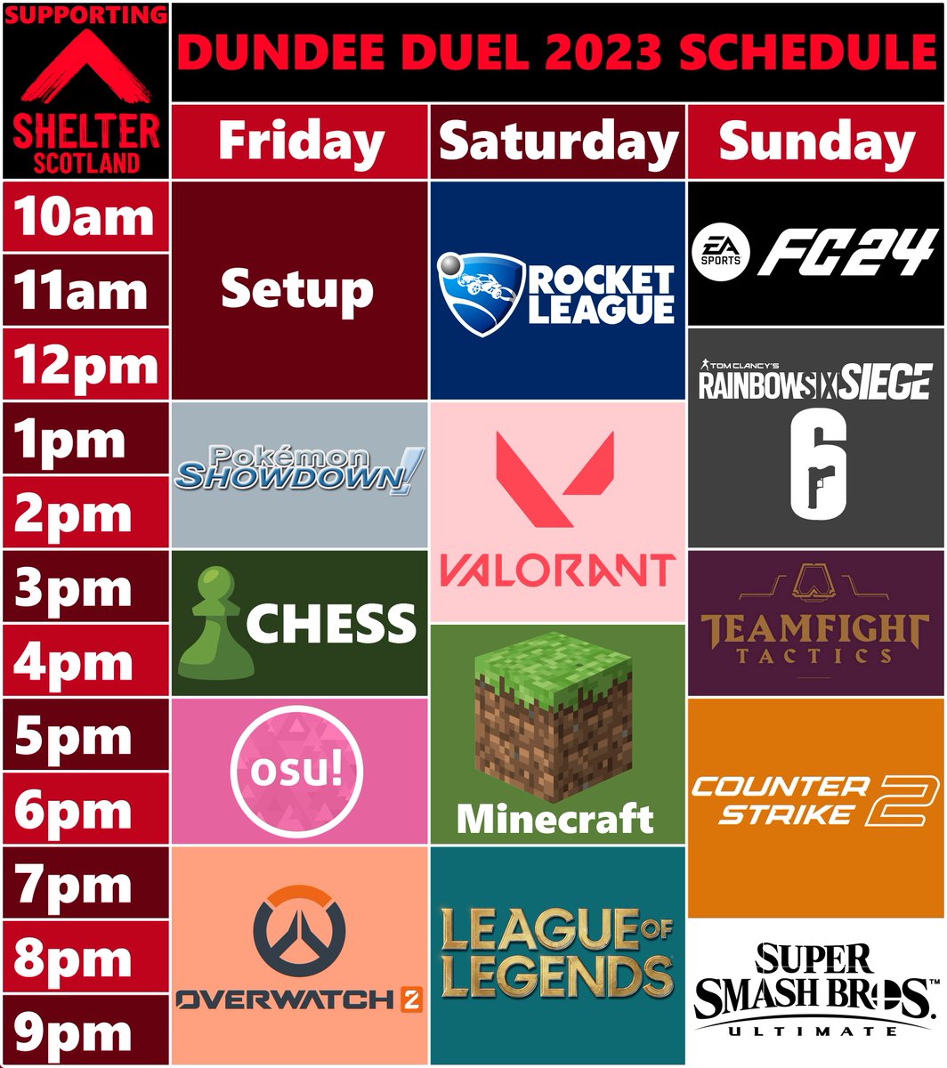 DundeeDuel's tweet photo. Here's the schedule for this weekend!

So many awesome games to be played. Make sure to tune in to watch live and donate to mess with the games!

Links down below! https://t.co/x4szUOoLf2