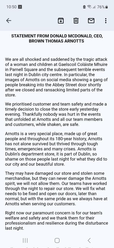 Statement from Brown Thomas Arnotts.