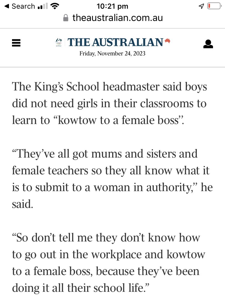 What the hell did I just read  ? (I have no issue with single sex schools whatsoever and support education choice) but did I miss the memo about someone wanting boys to “kowtow to female bosses WTF.