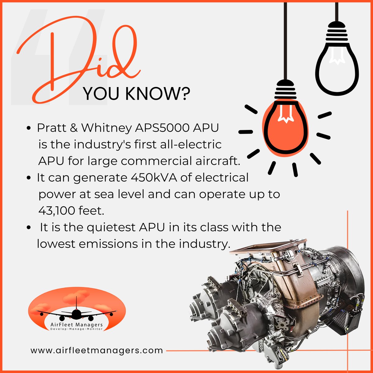 Airfleet's tweet photo. Did you know that the Pratt &amp; Whitney APS5000 APU is the industry's first all-electric APU for large commercial aircraft?
Follow for more such interesting content!
Contact Us: https://t.co/QkxXTLVt75 Email: info@airfleetmanagers.com
#airfleetmanagers #aviationassetmanagement #AFM https://t.co/3NACYLiSiH