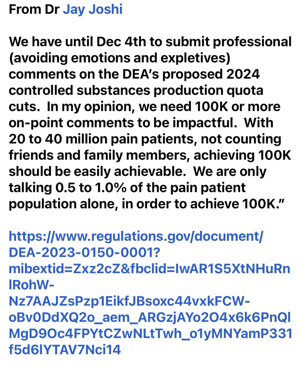 I have over 300,000 people who follow me on TikTok, another 50,000 on Facebook and yet there are only 2k comments submitted to the DEA about opioid shortages Don’t complain if you don’t comment regulations.gov/document/DEA-2…