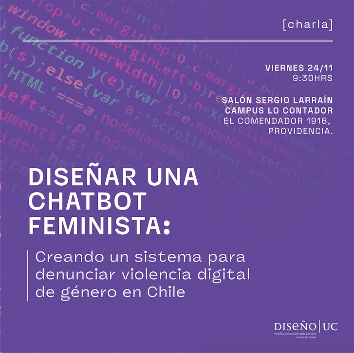 odegichile's tweet photo. ¡Hoy, viernes! nuestra directora ejecutiva @dmoyanod participará en una charla sobre diseño de una #chatbotfeminista 🤖 para denunciar violencia de género en Chile.
📍 Salón Sergio Larraín
Campus Lo Contador, Diseño UC
9.30 – 11.00hrs
#IAyGenero #violenciadigital https://t.co/e4OK18zYLo