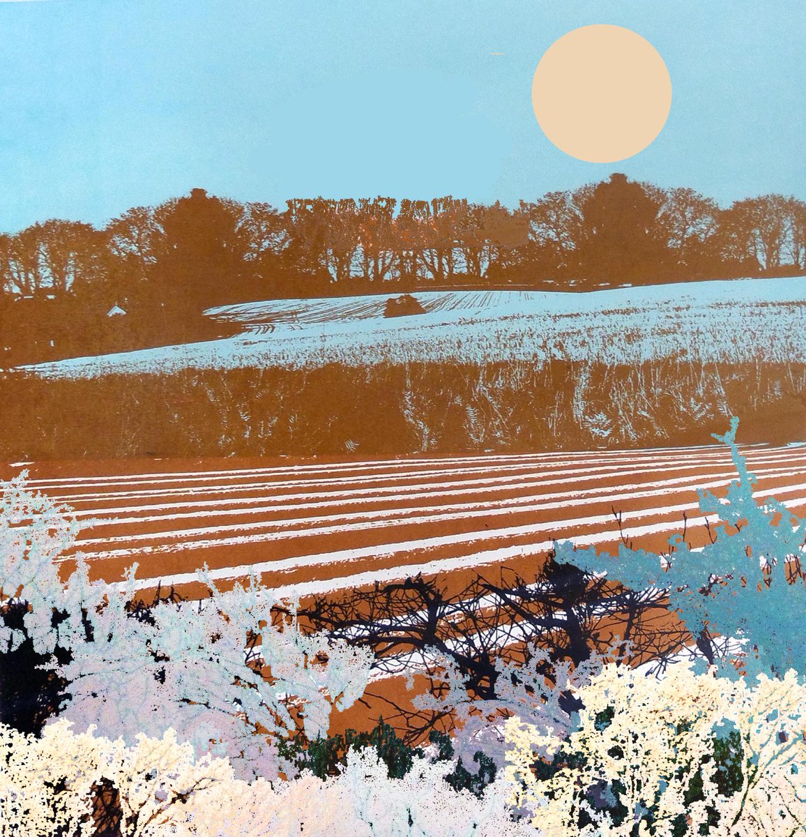 RuthMcDonald1's tweet photo. Feels like frost is on the way over the fields in Kent definitely a chill to the air- just like my screenprint 
of ploughed fields in my locality
#fields #plough #frost #cold #FridayFeeling #printmaking #screenprint #artist #artwork #November2023 #novemberweather #calm #walking https://t.co/JULYKFdKG6