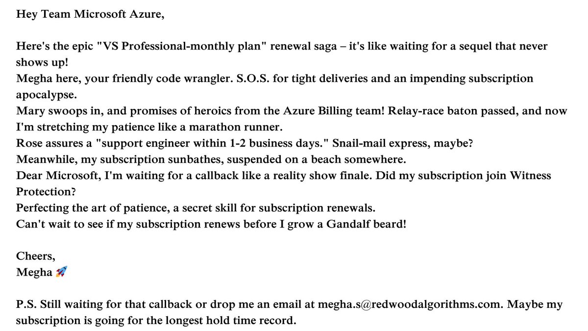 RAlgorithms's tweet image. 🚀 The Azure Chronicles: &quot;VS Professional-monthly plan&quot; renewal odyssey! Patience perfected amidst code struggles. 🕰️ Tagging  #Azuresupport  for &quot;Best in Dramatics.&quot; #SubscriptionSaga #AzureDrama #MicrosoftAzure