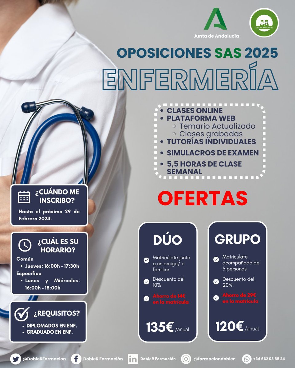 👩‍⚕️| ¡Prepárate para ser una enfermero/a del SAS en 2025! Nuestro curso de preparación para oposiciones te brinda la formación integral que necesitas.  
📷| Con profesionales del sector, cubrimos cada aspecto del temario. Obtén el conocimiento y práctica necesarios para destacar.