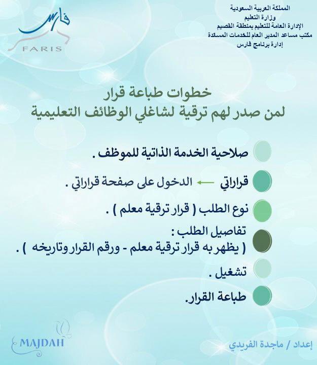 📍خطوات طباعة قرار الترقية من نظام فارس لمن شملتهم الترقية من شاغلي الوظائف التعليمية:
🔹صلاحية الخدمة الذاتية للموظف
🔸تحديد البيانات الوظيفية
🔹قراراتي 
🔸طباعة القرار 👇🏻