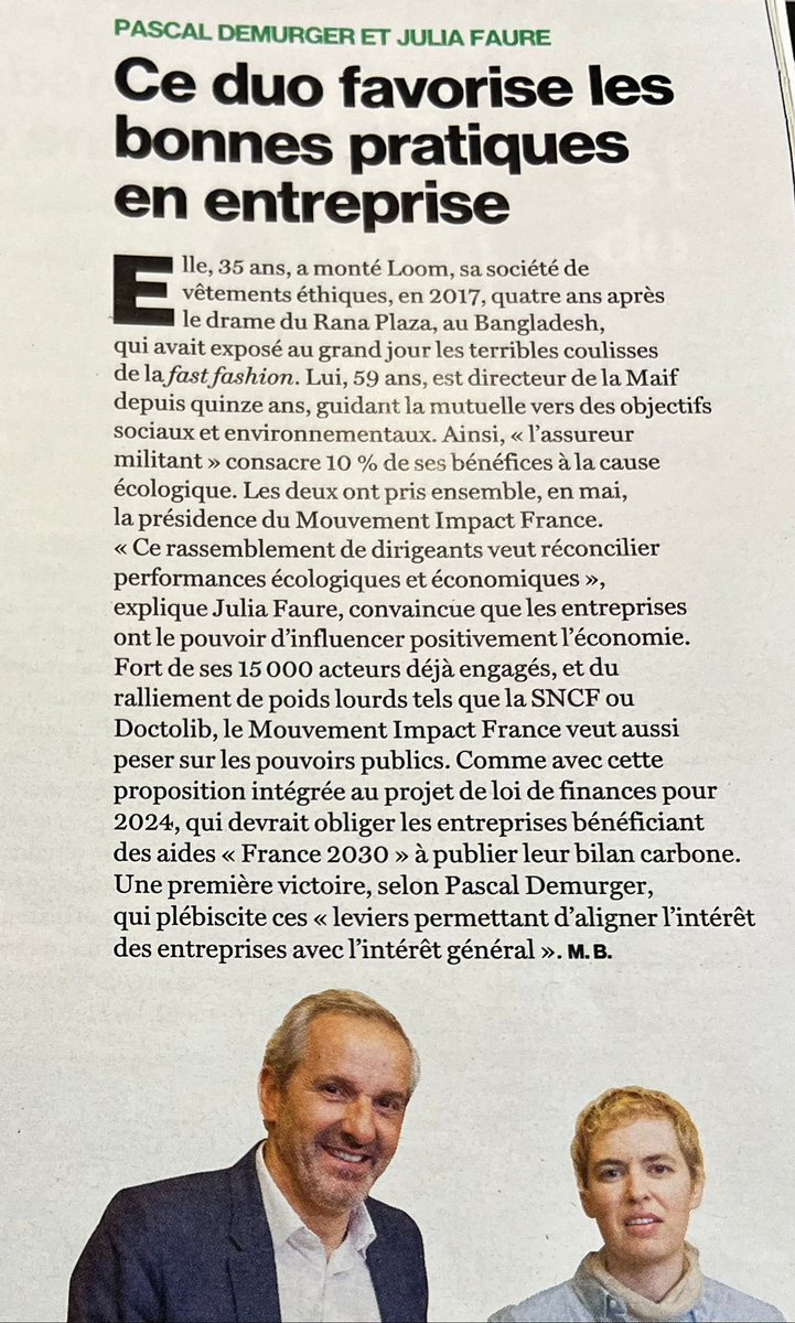 🔥@pascaldemurger & Julia FAURE, notre duo de présidents parmi les 8 Français qui « trouvent les clés pour sauver le monde » dans @le_Parisien @leparisienwe ! 🙏 Merci à @marinebrugeron de mettre en avant le travail du @Mouv_ImpactFr aux côtés d'autres personnalités inspirantes.