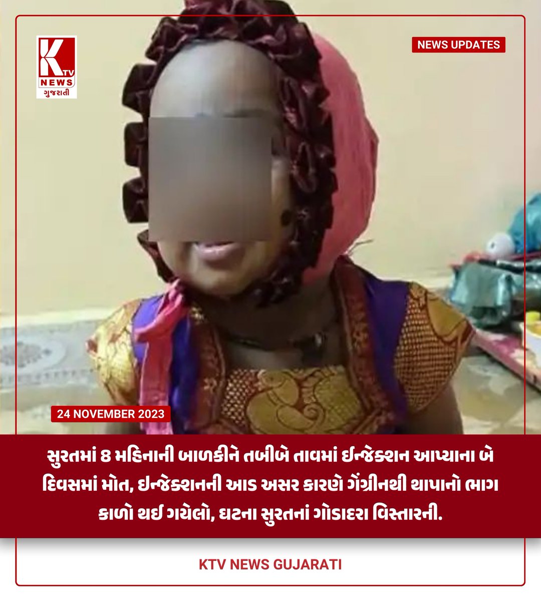 InputKtv's tweet photo. સુરતમાં 8 મહિનાની બાળકીને તબીબે તાવમાં ઈન્જેક્શન આપ્યાના બે દિવસમાં મોત, ઈન્જેક્શનની આડ અસર કારણે ગેંગ્રીનથી થાપાનો ભાગ કાળો થઈ ગયેલો, ઘટના સુરતનાં ગોડાદરા વિસ્તારની.
.
#KTVNEWSGUJARATI #surat #babygirl #injection #death #suratnewa #suratcrime #doctor https://t.co/PEP3KsL21f