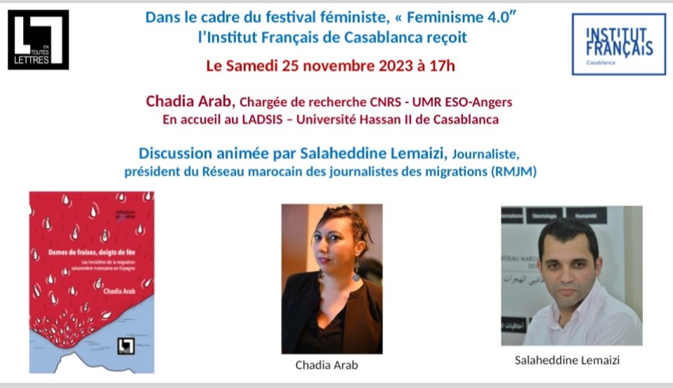 A demain à l' @IFCasablanca , c'est à 17h dans le cadre du festival féministe. Merci à @LemaizO pour la discussion autour de mon livre . Avec @Etlettres @umr_ESO @UA_Recherche @UnivAngers