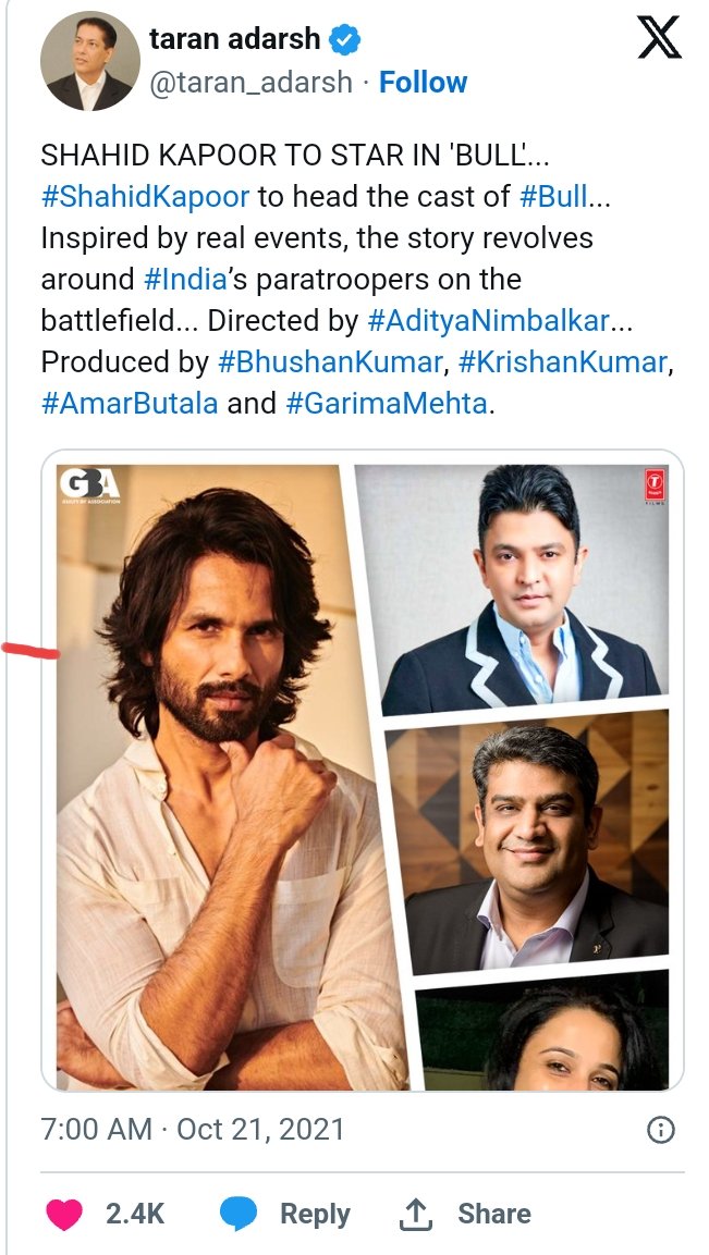 Looking up Brigadier Balsara and apparently this character was supposed to be played by #ShahidKapoor with the same title #TheBull directed by #AdityaNimbalkar and produced by #TSeries 
What happened here did KJO buy the rights from Bhushan or something?

@HimeshMankad