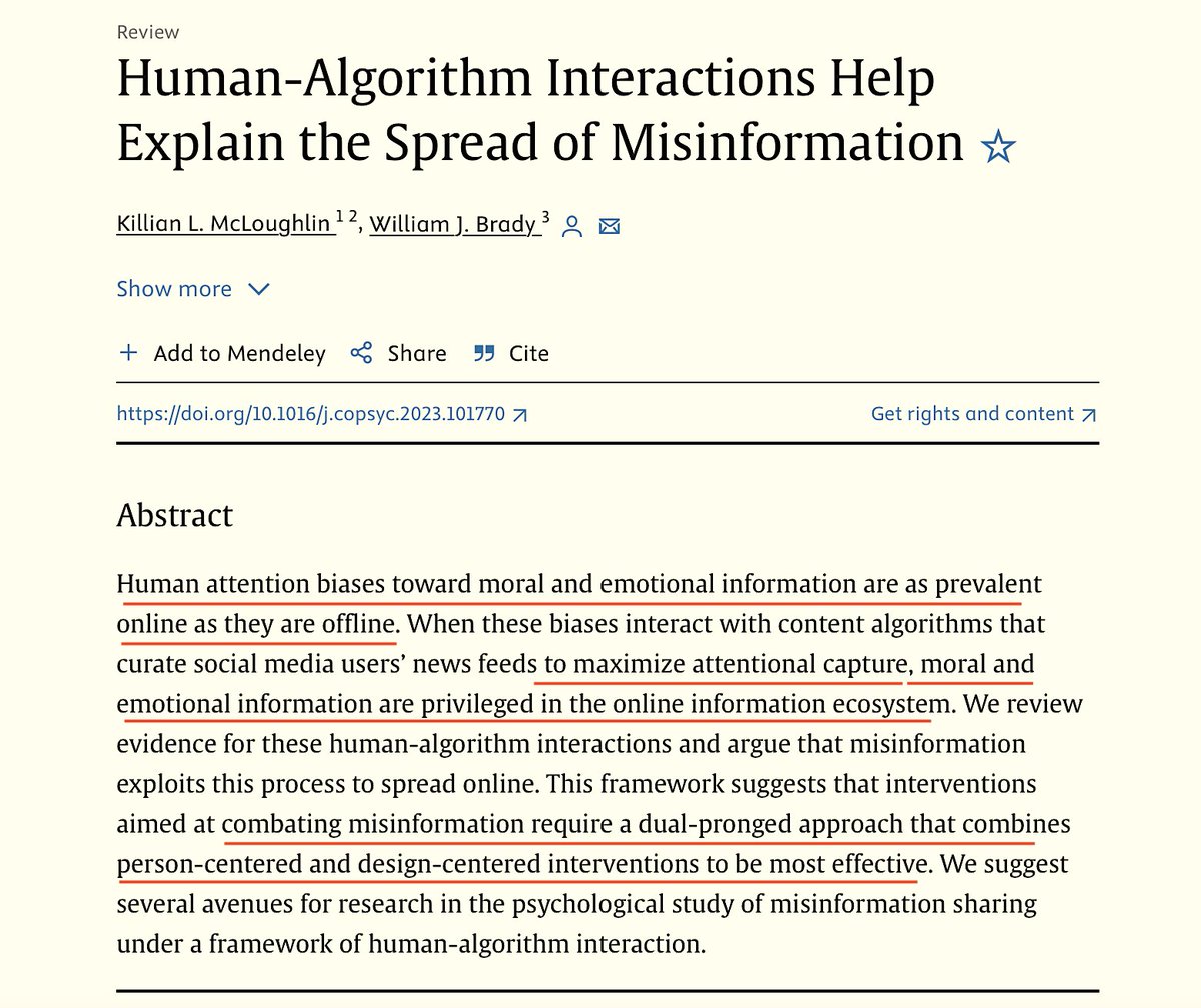 Timothy Caulfield (@caulfieldtim) on Twitter photo Human-Algorithm Interactions Help Explain the Spread of Misinformation sciencedirect.com/science/articl… by <a href="/killianmcl1/">Killian McLoughlin</a> <a href="/william__brady/">William J. Brady</a>
"...moral and emotional information are privileged in the online information ecosystem."
"...combating misinformation require a dual-pronged approach Human-Algorithm Interactions Help Explain the Spread of Misinformation sciencedirect.com/science/articl… by <a href="/killianmcl1/">Killian McLoughlin</a> <a href="/william__brady/">William J. Brady</a>
"...moral and emotional information are privileged in the online information ecosystem."
"...combating misinformation require a dual-pronged approach