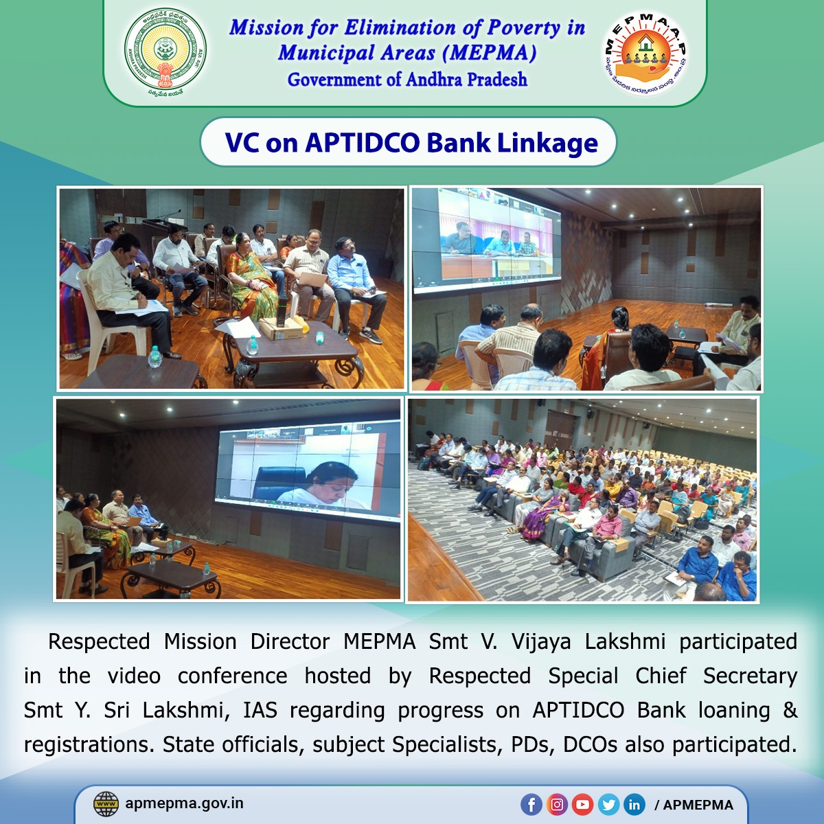 IAS regarding progress on APTIDCO Bank loaning and registrations. State officials, subject Specialists, PDs, DCOs also participated.
#goap #APMEPMA #viideoconferencia #APTidco #pds #DCOS #StateOfficials